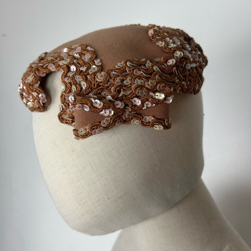 1950’s 50s Vintage Elegant Brown Wool Felt Sequin Sequined Soutache Women's Hat - Picture 16 of 16